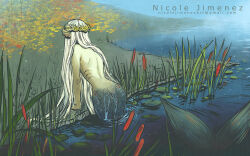 Rule 34 | 1girl, artist name, cattail, colored skin, commentary request, fins, flower, flower wreath, from behind, gills, green skin, head fins, lake, lily pad, long hair, mermaid, monster girl, narrow waist, nicole jimenez, original, plant, solo, topless, very long hair, watermark, web address