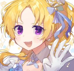 Rule 34 | 1girl, blonde hair, blue ribbon, blush, collarbone, commentary request, flower, gloves, highres, idolmaster, idolmaster cinderella girls, idolmaster cinderella girls starlight stage, kiryu tsukasa (idolmaster), long hair, looking at viewer, open mouth, panprika, parted bangs, portrait, purple eyes, ribbon, smile, solo, teeth, upper teeth only, white gloves