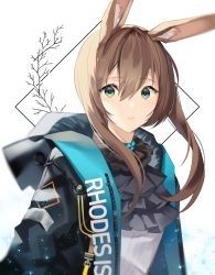 Rule 34 | 1girl, amiya (arknights), animal ears, arknights, bad id, bad pixiv id, black jacket, black neckwear, blue eyes, brown hair, commentary request, green eyes, hair between eyes, highres, hood, hood down, hooded jacket, jacket, long hair, long sleeves, looking at viewer, multicolored clothes, multicolored jacket, open clothes, open jacket, parted lips, rabbit ears, sidelocks, solo, sparkle, upper body, white background, yuhi (hssh 6), zipper