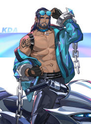Rule 34 | abs, absurdres, bara, bare pectorals, beard, biceps, bicycle, black hair, blue eyes, body hair, broad shoulders, chain, chest hair, collar, facial hair, glasses, gloves, highres, jacket, large pectorals, league of legends, long hair, looking at viewer, male focus, manly, mature male, muscular, muscular male, navel, navel hair, nipples, open clothes, open jacket, pants, pectoral cleavage, pectorals, sideburns, solo, sylas (league of legends), tattoo, tengo (maotengo), thick arms, yaoi