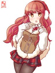Rule 34 | 1girl, alternate costume, beige sweater, black pantyhose, blunt bangs, braid, brown coat, chestnut mouth, coat, crown braid, de ruyter (kancolle), earmuffs, green eyes, hands on own chest, kanon (kurogane knights), kantai collection, long hair, looking at viewer, one-hour drawing challenge, pantyhose, plaid, plaid skirt, pleated skirt, red hair, simple background, skirt, solo, white background