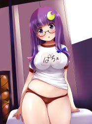 Rule 34 | 1girl, ball, bespectacled, breasts, buruma, crescent, crescent hair ornament, glasses, gym storeroom, gym uniform, hair ornament, hair ribbon, head tilt, indoors, kozue akari, large breasts, long hair, midriff, multiple balls, open mouth, patchouli knowledge, plump, puffy short sleeves, puffy sleeves, purple eyes, purple hair, ribbon, shirt, short sleeves, solo, touhou, tress ribbon