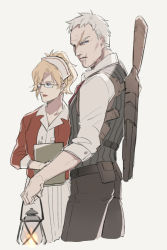 Rule 34 | 1boy, 1girl, a821, belt, belt pouch, bespectacled, blonde hair, blue eyes, brown pants, clipboard, collarbone, collared shirt, cowboy shot, dress, dress shirt, glasses, hair over one eye, hat, holding, holding lantern, holster, jacket, lantern, looking at viewer, mercy (overwatch), necktie, nurse, nurse cap, open clothes, open jacket, overwatch, overwatch 1, pants, parody, parted lips, ponytail, pouch, red jacket, red lips, red necktie, scar, scar across eye, scar on face, shirt, short hair, short sleeves, simple background, skirt, skirt set, sleeves past elbows, soldier: 76 (overwatch), the evil within, vest, weapon, weapon on back, white background, white hair, white skirt, wing collar
