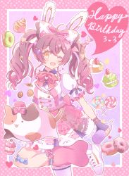 Rule 34 | 1girl, animal ears, bottle, bow, brown hair, cake, cake slice, candy, cat, d4dj, dated, doughnut, fake animal ears, food, gradient hair, hair bow, happy birthday, heart, highres, holding, holding bottle, jacket, lollipop, looking at viewer, multicolored hair, nyochio (d4dj), ohnaruto muni, pink bow, pink hair, pink skirt, rabbit ears, shoes, skirt, smile, sneakers, solo, tube socks, twintails, white footwear, white jacket, xion (sasakishiorin065), yume kawaii