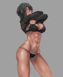 Rule 34 | 1girl, :o, abs, black bra, black hair, black panties, black sweater, blush, bra, breasts, cleavage, clothes lift, contrapposto, dark-skinned female, dark skin, earrings, grey background, highres, jewelry, large breasts, lifting own clothes, linea alba, looking at viewer, navel, original, panties, ribbed sweater, short hair, sleeves past wrists, solo, stomach, sweater, sweater lift, thighs, toned female, underwear, undressing, yakan (mihag3000)