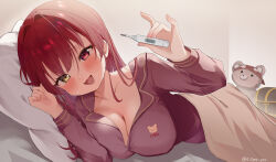 00s1g00 1girl artist_name blush breasts cleavage collarbone fang fever fingernails hair_intakes hand_up heterochromia highres holding holding_thermometer hololive houshou_marine large_breasts long_hair long_sleeves looking_at_viewer lying on_stomach open_mouth red_eyes red_hair red_shirt shirt sleepwear solo stuffed_animal stuffed_toy sweat teddy_bear thermometer treasure_chest under_covers virtual_youtuber yellow_eyes