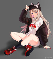 Rule 34 | 1girl, arm support, bare legs, baseball cap, black choker, black jacket, blue eyes, blowing bubbles, chewing gum, child (isoliya), choker, expressionless, full body, grey background, hat, hat tip, hat with ears, highres, hood, hood down, hoodie, indian style, jacket, kmnz, light brown hair, long hair, long sleeves, looking at viewer, mc lita, nail polish, no pants, off shoulder, open clothes, open jacket, red footwear, shoes, simple background, sitting, virtual youtuber