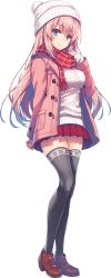 Rule 34 | 1girl, black thighhighs, blue eyes, blush, breasts, brown footwear, buttons, closed mouth, coat, full body, hand on own chest, ichinose honami (youjitsu), long hair, long sleeves, looking at viewer, medium breasts, official art, pink hair, pleated skirt, pom pom (clothes), red skirt, ribbed sweater, scarf, shiny clothes, shiny skin, shoes, skirt, sleeves past wrists, smile, solo, standing, sweater, thighhighs, tomose shunsaku, transparent background, wing cap, winter clothes, winter coat, youkoso jitsuryoku shijou shugi no kyoushitsu e