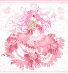 Rule 34 | 1girl, ;d, animal ears, bespectacled, bouquet, bow, rabbit ears, di gi charat, dice, dress, feathers, flower, frills, gathers, glasses, hair bow, hair ornament, heart, long hair, one eye closed, open mouth, original, pink eyes, pink flower, pink hair, pink rose, pink theme, rara419, red eyes, rose, smile, solo, usada hikaru, wink
