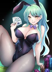 Rule 34 | 1girl, absurdres, ace (playing card), ace of spades, animal ears, black background, black bow, black bowtie, black leotard, bow, bowtie, breasts, card, cleavage, commentary request, detached collar, fake animal ears, fishnet pantyhose, fishnets, green hair, grey background, highres, large breasts, leotard, long hair, original, pantyhose, playboy bunny, playing card, poker chip, ponytail, purple bow, purple bowtie, rabbit ears, rabbit tail, simple background, sitting, solo, spade (shape), strapless, strapless leotard, tail, tooga mashiro, wrist cuffs, yellow eyes