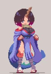 Rule 34 | animated, animated gif, bare shoulders, black hair, blue eyes, bouncing breasts, breasts, detached sleeves, elma (maidragon), fins, fish tail, gradient hair, horn, huge breasts, kobayashi-san chi no maidragon, looking at viewer, multicolored hair, pixel art, purple hair, sakuemon, sandals, scarf, smile, socks, tail, thick thighs, thighs, wide hips, wide sleeves