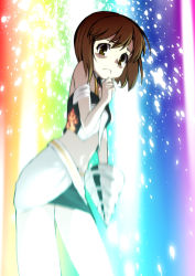 Rule 34 | 00s, 1girl, bad id, bad pixiv id, bare shoulders, brown eyes, brown hair, cool &amp; sexy (idolmaster), drill, female focus, from below, frown, hagiwara yukiho, idolmaster, idolmaster (classic), idolmaster 1, looking down, midriff, scared, short hair, skirt, solo, tank top