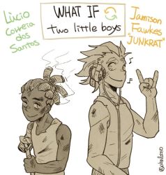 Rule 34 | 2boys, alternate universe, amputee, bandaged arm, bandages, cane, collarbone, dark-skinned male, dark skin, dreadlocks, english text, hand up, headphones, high ponytail, junkrat (overwatch), long hair, lucio (overwatch), m/, male focus, missing limb, multiple boys, musical note, overwatch, overwatch 1, partially colored, ponytail, quaver, role reversal, simple background, smile, tank top, text focus, torn clothes, upper body, white background, aged down