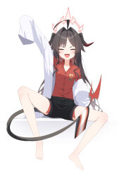 Rule 34 | 1girl, absurdres, ahoge, barefoot, black hair, black horns, black shorts, black tail, blue archive, coat, collared shirt, facing viewer, fang, h9 99999, hair intakes, highres, horns, kasumi (blue archive), lab coat, long hair, open mouth, red shirt, shirt, shirt tucked in, shorts, simple background, sleeves past fingers, sleeves past wrists, smile, solo, white background, white coat