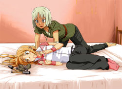 Rule 34 | 2girls, 428, androgynous, barefoot, bed, blonde hair, blush, brown eyes, canaan (character), canaan (series), cat&#039;s cradle, chunsoft, explosive, flat chest, grenade, jewelry, long hair, lying, mori (unknown.), mouth hold, multiple girls, necklace, oosawa maria, reverse trap, short hair, socks, string, string of fate, yuri