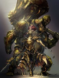Rule 34 | 1boy, 2boys, absurdres, armor, blood, breastplate, chain, clenched hand, dark souls (series), dark souls i, dragon slayer ornstein, electricity, executioner smough, full armor, gauntlets, glint, hammer, helmet, highres, holding, holding hammer, holding polearm, holding spear, holding weapon, huge weapon, male focus, multiple boys, over shoulder, pauldrons, polearm, rock, shoulder armor, spear, spikes, standing, touge (kubiwa tsuki), vambraces, walking, weapon, weapon over shoulder