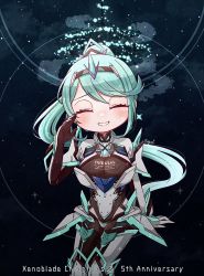 Rule 34 | 1girl, breasts, chest jewel, co 09vrg, earrings, gloves, greek text, green hair, highres, jewelry, large breasts, long hair, pneuma (xenoblade), ponytail, solo, swept bangs, tiara, very long hair, xenoblade chronicles (series), xenoblade chronicles 2