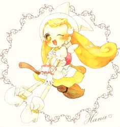 Rule 34 | 1girl, ;d, bad id, bad pixiv id, blonde hair, blush, broom, broom riding, dress, hat, long hair, magical girl, makihatayama hana, momiji (lucario), ojamajo doremi, one eye closed, open mouth, pointy footwear, puffy short sleeves, puffy sleeves, shoes, short sleeves, smile, solo, twintails, very long hair, white dress, witch hat, yellow eyes