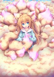 Rule 34 | 1girl, absurdres, ahoge, animal ears, aqua eyes, casual, commentary request, eyes visible through hair, fluffy, fox ears, fox girl, fox tail, highres, holding, holding brush, komuginyan, large tail, light brown hair, long hair, long sleeves, looking at viewer, multiple tails, original, sidelocks, sitting, solo, tail, brushing tail, too much fluff