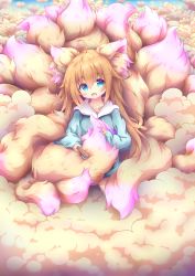 1girl absurdres ahoge animal_ears aqua_eyes casual commentary_request eyes_visible_through_hair fluffy fox_ears fox_girl fox_tail highres holding holding_brush komuginyan large_tail light_brown_hair long_hair long_sleeves looking_at_viewer multiple_tails original sidelocks sitting solo tail brushing_tail too_much_fluff