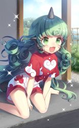 Rule 34 | 1girl, :d, arm support, bare legs, barefoot, blue sky, blush, curly hair, day, feet out of frame, fence, grass, green eyes, green hair, heart, horns, kariyushi shirt, komano aunn, leaning forward, long hair, masaru.jp, open mouth, outdoors, red shirt, shirt, short sleeves, shorts, single horn, sitting, sky, smile, solo, sparkle, thighs, touhou, touhou cannonball, very long hair, wariza, white shorts