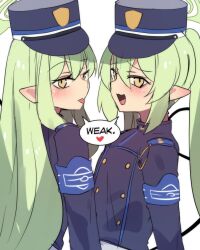 Rule 34 | 2girls, armband, black tail, blue archive, blue armband, blush, buttons, closed mouth, commentary, demon tail, double-breasted, english text, green hair, green halo, hair between eyes, halo, hat, heart, highres, hikari (blue archive), hinghoi, long hair, looking at viewer, multiple girls, nozomi (blue archive), open mouth, peaked cap, pointy ears, siblings, simple background, speech bubble, symbol-only commentary, tail, tongue, tongue out, train conductor, twins, upper body, white background, yellow eyes