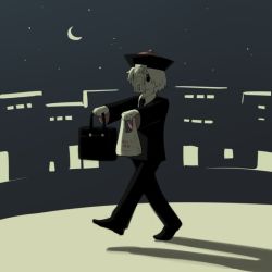 Rule 34 | 1boy, avogado6, bag, commentary request, crescent moon, formal, full body, hat, jiangshi, male focus, money, moon, necktie, night, ofuda, original, outstretched arms, plastic bag, qingdai guanmao, simple background, suit, suitcase, translation request, walking, zombie pose