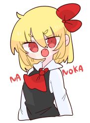 Rule 34 | 1girl, ascot, black vest, blonde hair, collared shirt, fang, highres, medium hair, op na yarou, red ascot, red eyes, rumia, shirt, sidelocks, simple background, solo, touhou, v-shaped eyebrows, vest, white background, white shirt