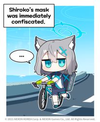 Rule 34 | ..., 1girl, animal ear fluff, animal ears, bag, bicycle, black footwear, black gloves, blue archive, blue eyes, blue sky, cat ears, chibi, cross hair ornament, cycling uniform, donmin h, english text, full body, gloves, green gloves, grey hair, hair between eyes, hair ornament, hairclip, halo, holding, jacket, looking at viewer, official art, shiroko (blue archive), shiroko (cycling) (blue archive), shoes, short sleeves, sky, solo, spoken ellipsis, standing, tail, watermark