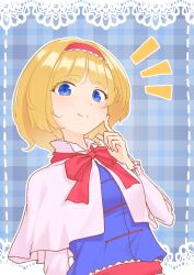 Rule 34 | 1girl, alice margatroid, blonde hair, blue background, blue eyes, blue shirt, bow, capelet, closed mouth, commentary, eyelashes, eyes visible through hair, finger to cheek, frilled hairband, frilled sleeves, frills, from below, hairband, highres, index finger raised, kanpa (campagne 9), light blush, long sleeves, looking at viewer, notice lines, plaid, plaid background, red bow, red hairband, red ribbon, ribbon, shirt, short hair, simple background, smile, solo, touhou, upper body, white capelet, white sleeves