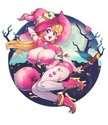 Rule 34 | 1girl, bare tree, boots, breasts, broom, broom riding, cleavage, costume, detached sleeves, food, frilled skirt, frills, fruit, full moon, garter straps, halloween, halloween costume, hat, heart, high heel boots, high heels, highres, huge breasts, long sleeves, mario (series), midriff, miniskirt, moon, navel, night, night sky, nintendo, open mouth, peach, pink footwear, pink hat, pink lips, pink skirt, pink tube top, princess peach, shrug (clothing), skirt, sky, solo, star (sky), strapless, supersatanson, thighhighs, tree, tube top, white sleeves, white thighhighs, witch, witch hat