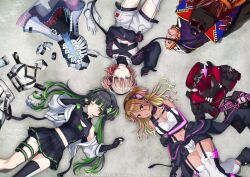 3girls black_eyes black_hair blonde_hair blue_eyes breasts brown_hair cleavage dark-skinned_female dark_skin english_text garter_straps gloves green_hair headphones idol_clothes idolmaster idolmaster_shiny_colors izumi_mei jacket lying mayuzumi_fuyuko microphone multicolored_hair multiple_girls nail_polish navel official_art on_back one_eye_closed open_mouth orange_eyes pink_hair pleated_skirt red_hair serizawa_asahi short_shorts shorts single_thighhigh skirt smile straylight_(idolmaster) thighhighs twintails unworn_clothes unworn_jacket