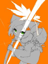 Rule 34 | 1girl, animal ear fluff, animal ears, closed mouth, commentary, detached sleeves, fighting stance, fox ears, fox tail, from above, fur collar, green eyes, greyscale with colored background, hair ornament, holding, holding weapon, kogitsunemaru (tenka hyakken), leaf, leaf hair ornament, maple leaf, mikanbako320, orange background, parted bangs, scabbard, sheath, short hair, slashing, solo, sparkle, tachi (weapon), tail, tenka hyakken, unsheathing, v-shaped eyebrows, weapon, wide sleeves