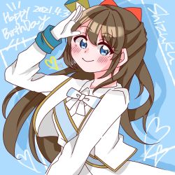 Rule 34 | 1girl, aqua background, aqua eyes, artist name, artist request, blue eyes, blue skirt, blush, bow, bowtie, breasts, brown hair, buttons, collared shirt, female focus, gloves, hair between eyes, hat, heart, high ponytail, highres, jacket, long hair, long sleeves, looking at viewer, love live!, love live! nijigasaki high school idol club, love live! school idol festival, mini hat, mini top hat, nijiiro passion!, nijiiro passions! (love live!), osaka shizuku, parted lips, ponytail, rainbow-colored passions!, red bow, salute, shirt, shorts, shorts under skirt, skirt, small breasts, smile, solo, top hat, white bow, white gloves, white jacket, white shirt, white skirt