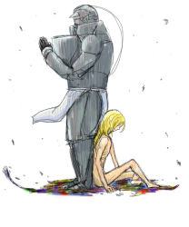 Rule 34 | 1boy, alphonse elric, androgynous, apron, armor, back-to-back, blonde hair, covering privates, expressionless, full armor, full body, fullmetal alchemist, gloves, hair over face, long hair, looking back, looking down, male focus, nude, nude cover, ribs, simple background, sitting, skinny, white background