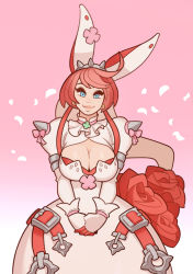 Rule 34 | 1girl, ahoge, blue eyes, breasts, cleavage, cleavage cutout, clothing cutout, clover, elphelt valentine, flower, four-leaf clover, gloves, gradient background, guilty gear, guilty gear xrd, highres, juliet sleeves, large breasts, long sleeves, looking at viewer, own hands together, petals, pink background, pink hair, puffy sleeves, red flower, red rose, rose, solo, splashbrush, white background