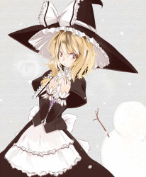 Rule 34 | 1girl, alternate costume, apron, blonde hair, bow, braid, curiosities of lotus asia, female focus, hat, kirisame marisa, kuronishiki, large bow, perfect cherry blossom, snow, snowman, solo, takaharu, touhou, witch, witch hat, wrist cuffs