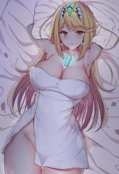 Rule 34 | 1girl, arms up, bed, bed sheet, blonde hair, blush, breasts, cleavage, earrings, gem, glowing, hair ornament, headpiece, highres, jewelry, large breasts, long hair, looking at viewer, lying, mythra (xenoblade), night, nintendo, noeomi, open mouth, shy, solo, swept bangs, thighs, tiara, towel, very long hair, wet, xenoblade chronicles (series), xenoblade chronicles 2, yellow eyes