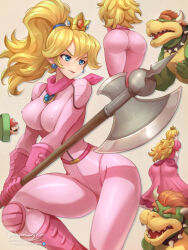 Rule 34 | 1girl, ass, biker peach, blonde hair, blue eyes, bodysuit, bowser, breasts, commentary, covered erect nipples, crown, dress, earrings, elbow gloves, english commentary, facial hair, gloves, hair between eyes, hat, highres, holding, holding polearm, holding weapon, jammeryx, jewelry, long hair, mario, mario (series), medium breasts, multiple views, mustache, nintendo, nipples, patreon logo, patreon username, peaked cap, pink bodysuit, pink dress, pink gloves, polearm, ponytail, princess peach, red headwear, signature, simple background, skin tight, sphere earrings, the super mario bros. movie, twitter, twitter logo, weapon