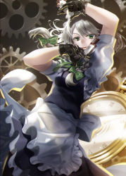Rule 34 | 1girl, akane hazuki, apron, arm up, between fingers, black gloves, blue dress, bow, braid, breasts, clock, commentary request, cropped legs, dress, gears, gloves, green bow, green eyes, hair between eyes, hair bow, highres, holding, holding knife, izayoi sakuya, knife, lips, looking at viewer, maid, maid apron, maid headdress, medium breasts, medium hair, open mouth, puffy short sleeves, puffy sleeves, roman numeral, short sleeves, solo, touhou, twin braids