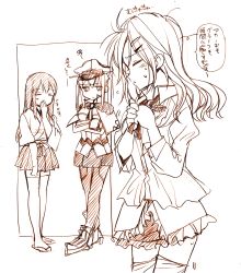 Rule 34 | 10s, 3girls, absurdres, akagi (kancolle), aquila (kancolle), blush, breasts, capelet, closed eyes, covering own mouth, crossed arms, flying sweatdrops, frilled skirt, frills, geta, graf zeppelin (kancolle), hair between eyes, hair down, hair ornament, hairclip, hakama, hakama short skirt, hakama skirt, hat, highres, japanese clothes, jitome, kantai collection, large breasts, long hair, long sleeves, military hat, miniskirt, monochrome, multiple girls, necktie, pantyhose, peaked cap, pleated skirt, sandals, sanpachishiki (gyokusai-jima), shoes, skirt, sleeves rolled up, straight hair, sweatdrop, thighhighs, translated, tying, tying necktie, wavy hair, zouri