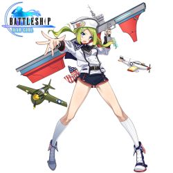 Rule 34 | 1girl, aircraft, airplane, american flag, american flag print, battleship: war girl, belt, blue eyes, copyright name, flag print, full body, green hair, hat, holding, holding weapon, jacket, kneehighs, legs apart, looking at viewer, military jacket, official art, open mouth, outstretched arm, ribbed legwear, samei ikusa, short shorts, shorts, socks, solo, spread legs, standing, thighhighs, twintails, weapon, yorktown (battleship: war girl)