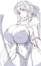 Rule 34 | 1girl, alternate breast size, blue eyes, blush, breasts, cleavage, cloak, curvy, fate/grand order, fate (series), garter belt, garter straps, highres, hirasawa seiji, huge breasts, long hair, morgan le fay (fate), navel, revealing clothes, silver hair, simple background, sketch, solo, staff, unfinished, white background
