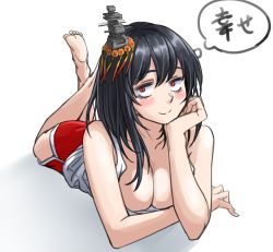 Rule 34 | 1girl, alternate costume, barefoot, black hair, blush, breasts, head rest, cleavage, collarbone, commentary request, hair ornament, highres, kantai collection, looking at viewer, lying, on stomach, red eyes, red shorts, shirt, short hair, shorts, sketch, smile, solo, sozan, thought bubble, translation request, white shirt, yamashiro (kancolle)