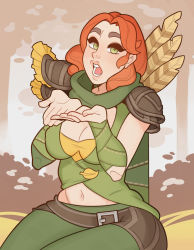 Rule 34 | 1girl, abs, armor, arms at sides, arrow (projectile), asymmetrical armor, bandaged arm, bandages, belt, breasts, brown armor, brown belt, bush, cardigan, cardigan vest, cleavage, commentary, cowboy shot, crop top, cupping hands, dota (series), dota 2, eyelashes, feathers, forest, green cardigan, green eyes, green leggings, green pupils, green scarf, hands up, highres, large breasts, leggings, lips, looking at viewer, medium hair, nature, navel, nose, nostrils, open mouth, orange hair, outdoors, own hands together, palms, parted hair, pauldrons, scarf, shirt, shoulder armor, sidelocks, solo, splashbrush, stitches, swept bangs, taut clothes, taut shirt, thick eyebrows, tongue, tree, windranger (dota), yellow shirt