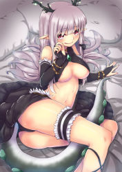 Rule 34 | 1girl, :d, areola slip, ass, bare shoulders, black gloves, black panties, blunt bangs, bracelet, breasts, bridal gauntlets, crop top, from above, gloves, horns, jewelry, long hair, looking at viewer, lying, navel, on side, open mouth, original, panties, pointy ears, purple hair, red eyes, shun (b.c), smile, solo, tail, thigh strap, tongue, underboob, underwear