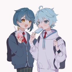 Rule 34 | 2boys, ahoge, baby bav, bag, bendy straw, blue eyes, blue hair, child, chongyun (genshin impact), commentary request, drink, drinking straw, earrings, food, formal, genshin impact, hair between eyes, highres, holding, holding food, hood, hooded jacket, jacket, jewelry, male focus, multiple boys, open mouth, popsicle, red tie, school bag, simple background, single earring, smile, tropical drink, upper body, white background, xingqiu (genshin impact), yellow eyes
