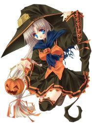 Rule 34 | blue eyes, halloween, hat, jack-o&#039;-lantern, pumpkin, silver hair, thighhighs, witch, witch hat