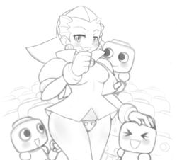 Rule 34 | &gt; &lt;, 1girl, :d, blush stickers, breasts, capcom, closed eyes, crotch plate, dress, gloves, greyscale, grin, hair slicked back, hand on another&#039;s head, lineart, mato spectoru, mega man (series), mega man legends (series), monochrome, open mouth, pantyhose, puffy short sleeves, puffy sleeves, robot, servbot (mega man), short dress, short hair, short sleeves, smile, tron bonne (mega man), wide hips, xd