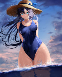 Rule 34 | 1girl, arms behind back, bare shoulders, blue eyes, blue one-piece swimsuit, blue ribbon, breasts, closed mouth, cloud, cloudy sky, commentary, covered navel, dusk, eyelashes, floating hair, genshin impact, gluteal fold, groin, hair between eyes, hat, hat ribbon, highres, long hair, looking at viewer, medium breasts, mona (genshin impact), one-piece swimsuit, outdoors, ribbon, sky, solo, straw hat, swimsuit, thick thighs, thigh gap, thighs, v-shaped eyebrows, wading, water, wet, wet clothes, wet hair, wet swimsuit, wide hips, wind, xi ying